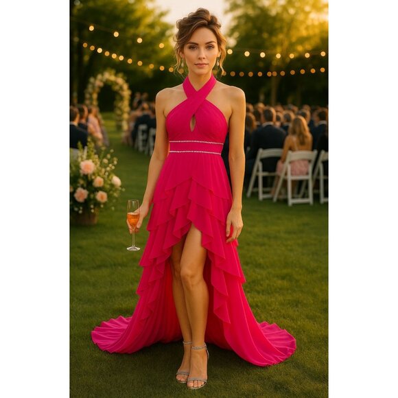 Mac Duggal RARE Hot Pink High-Low Gown Halter Neck Tiered Slit Skirt Size 2 - Picture 12 of 16